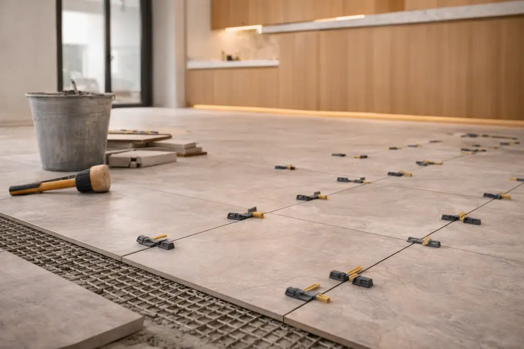 Pose de carrelage grand format avec croisillons de nivellement