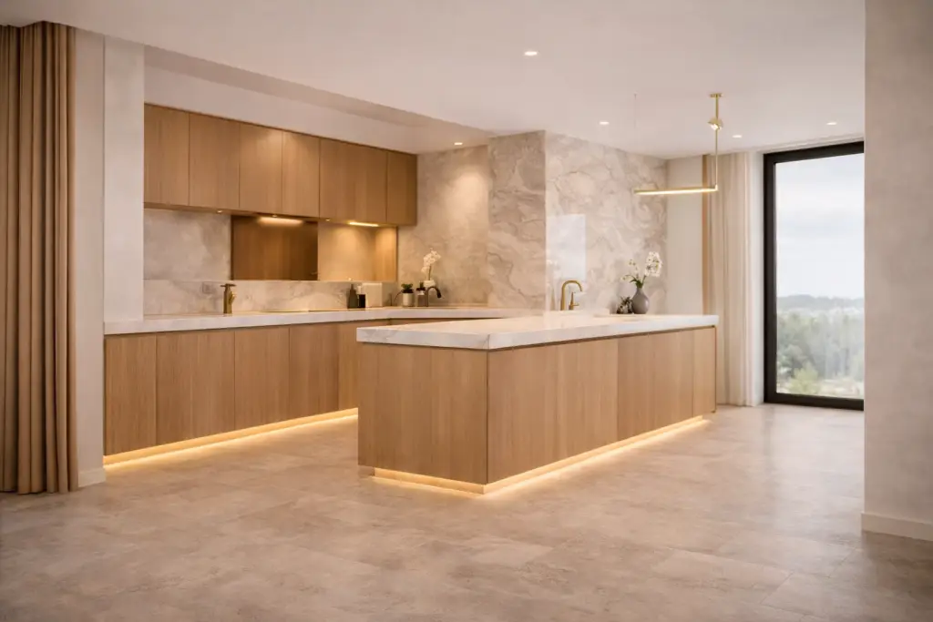 Cuisine sur mesure avec îlot central, façades en bois et plan de travail en pierre