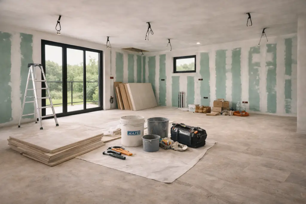 Chantier de rénovation intérieure en cours : cloisons en plaques de plâtre et préparation des sols