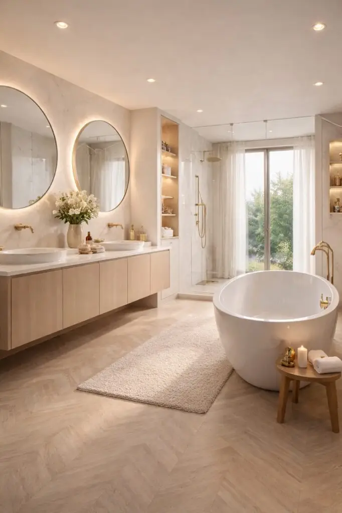 Salle de bain rénovée lumineuse : double vasque, miroirs ronds et baignoire îlot